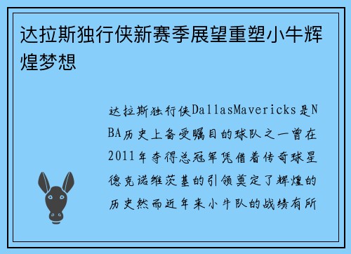 达拉斯独行侠新赛季展望重塑小牛辉煌梦想