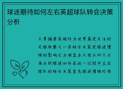 球迷期待如何左右英超球队转会决策分析